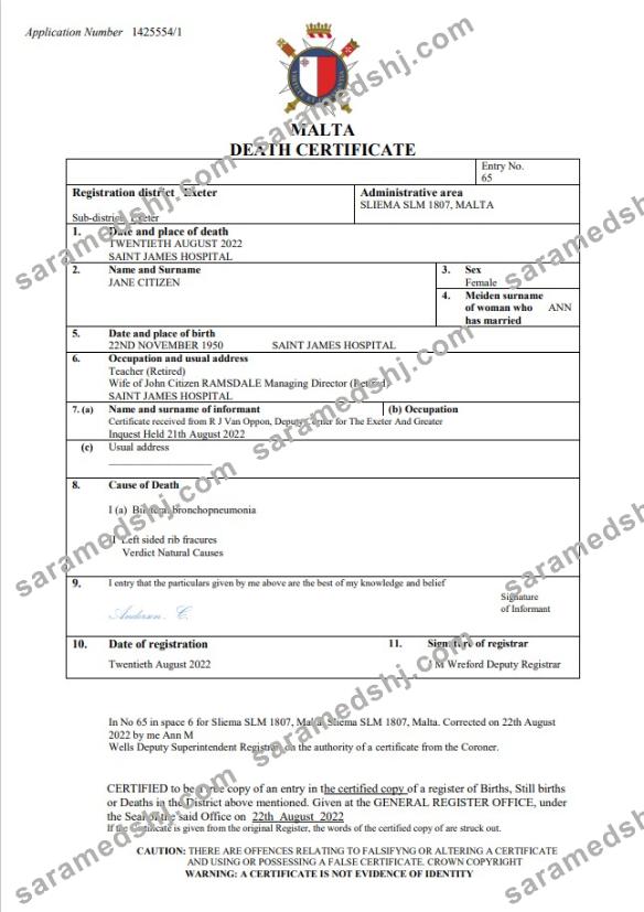 Malta death certificate Word and PDF template